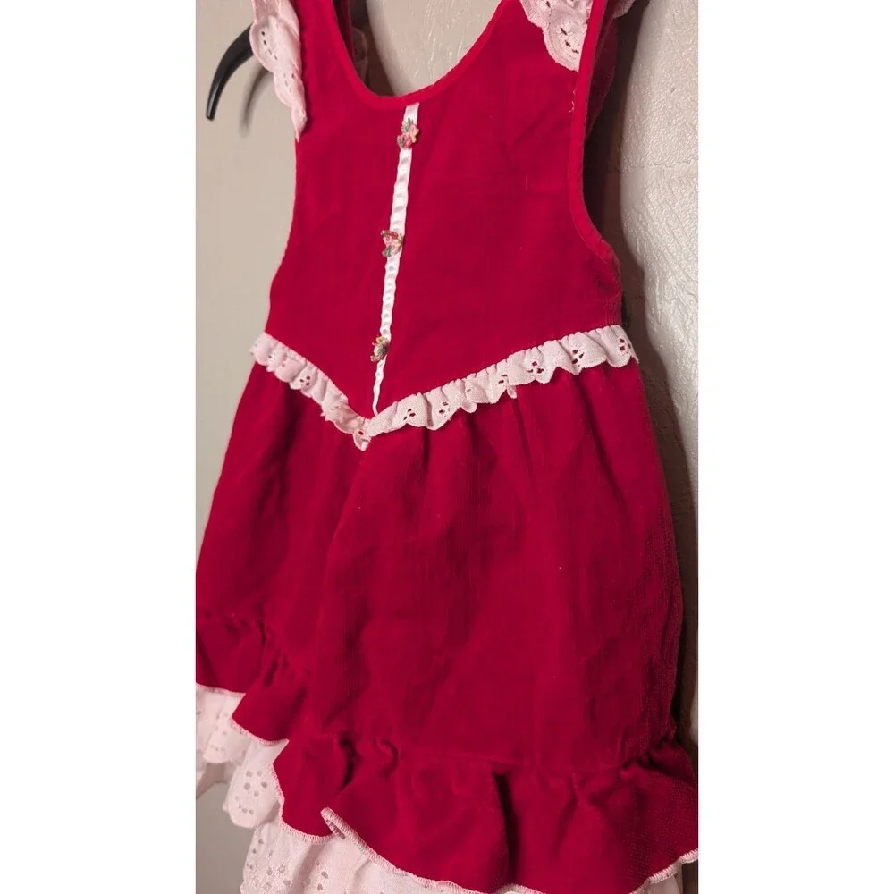 Vintage Evy Of California Toddler 4T Red White Eyelet Trim Corduroy Apron Dress